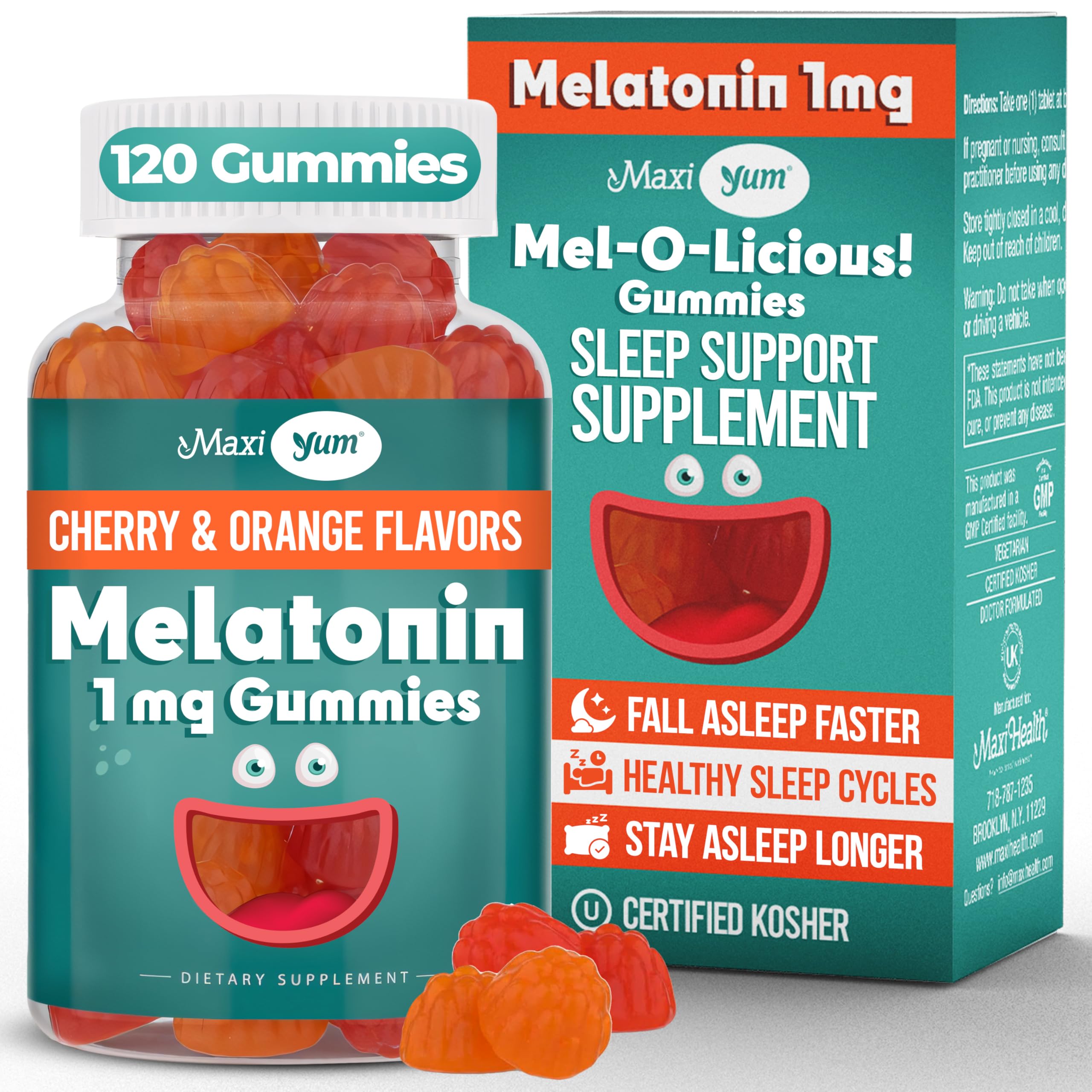 Maxi Health melatonin gummies 1mg cherry-orange bottle shows gentle sleep support for the family