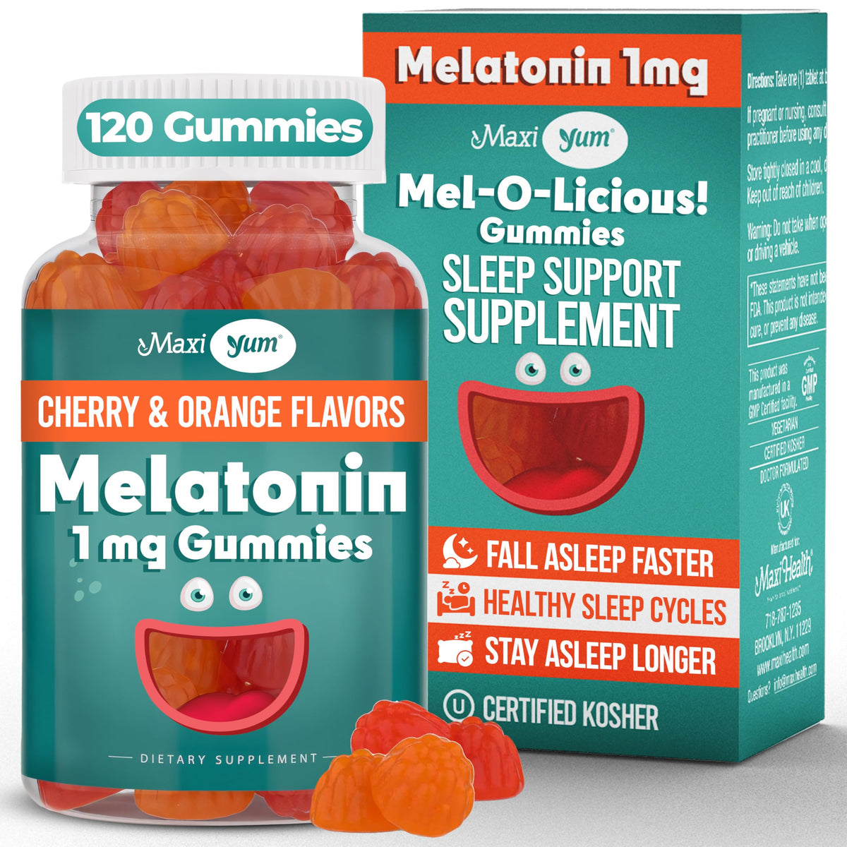Maxi Health melatonin gummies 1mg cherry-orange bottle shows gentle sleep support for the family
