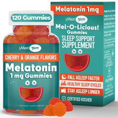 Maxi Health melatonin gummies 1mg cherry-orange bottle shows gentle sleep support for the family