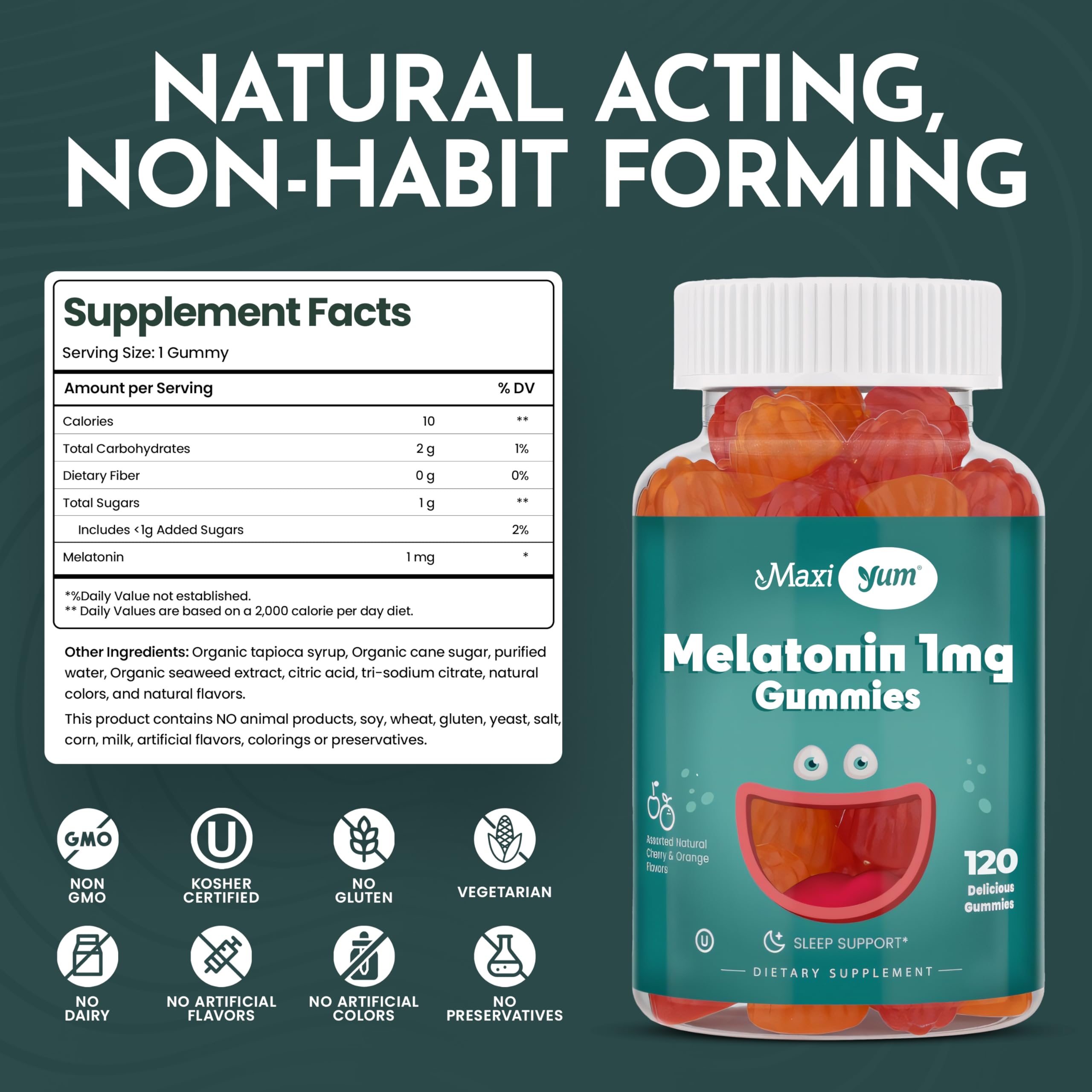 Maxi Health melatonin gummies made in USA badge and certification