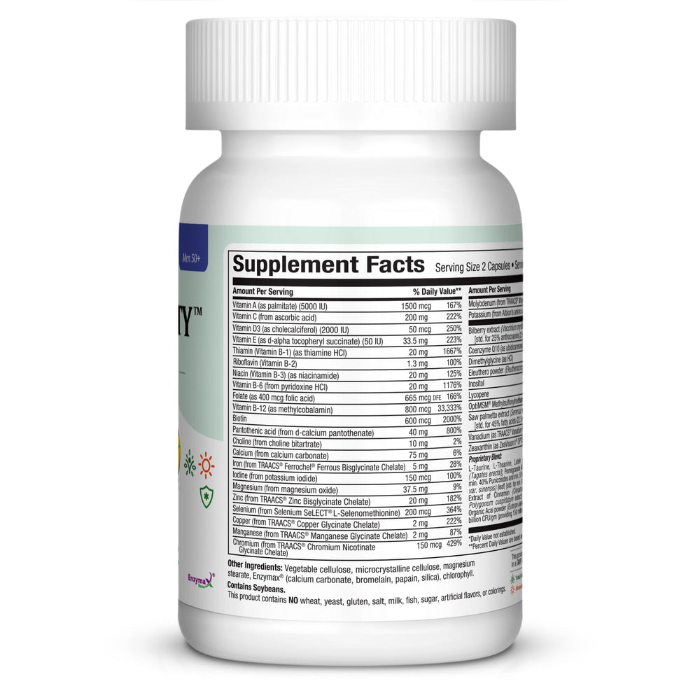 Maxi Health Mens Multivitamin 50 Plus bottle nutrition panel highlighting vitamins and minerals for heart and brain support.