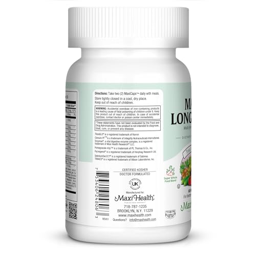 Side view of Maxi Health bottle emphasizing non-GMO and USA-made claims.