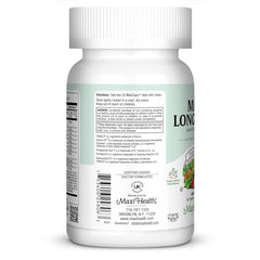 Side view of Maxi Health bottle emphasizing non-GMO and USA-made claims.