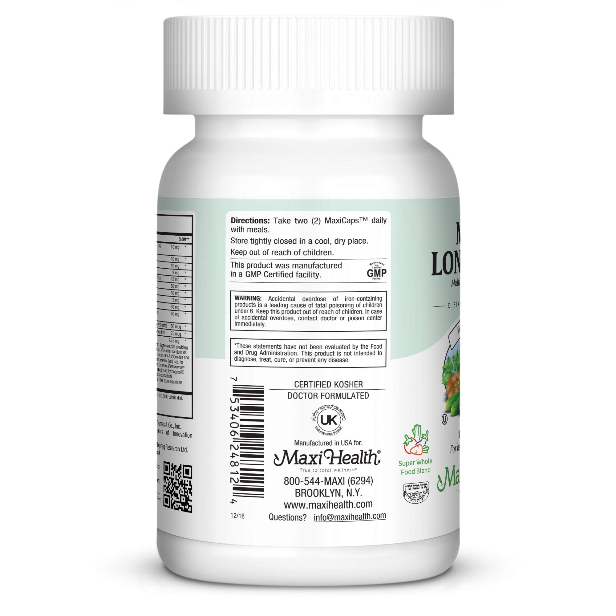 Maxi Health bottle with USA-made quality label in GMP context