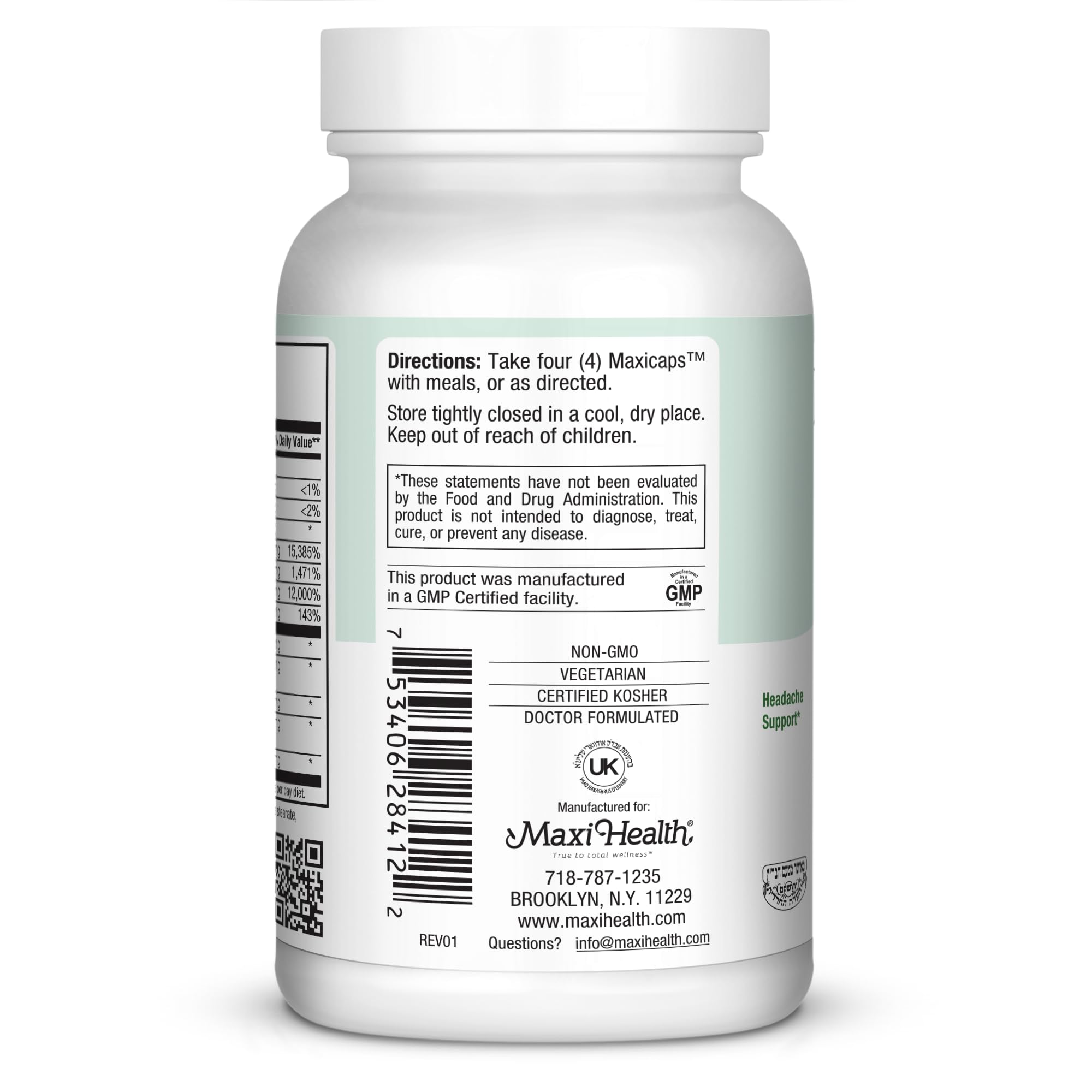 Maxi Health Migraine Max bottle with label; kosher-certified natural supplement.