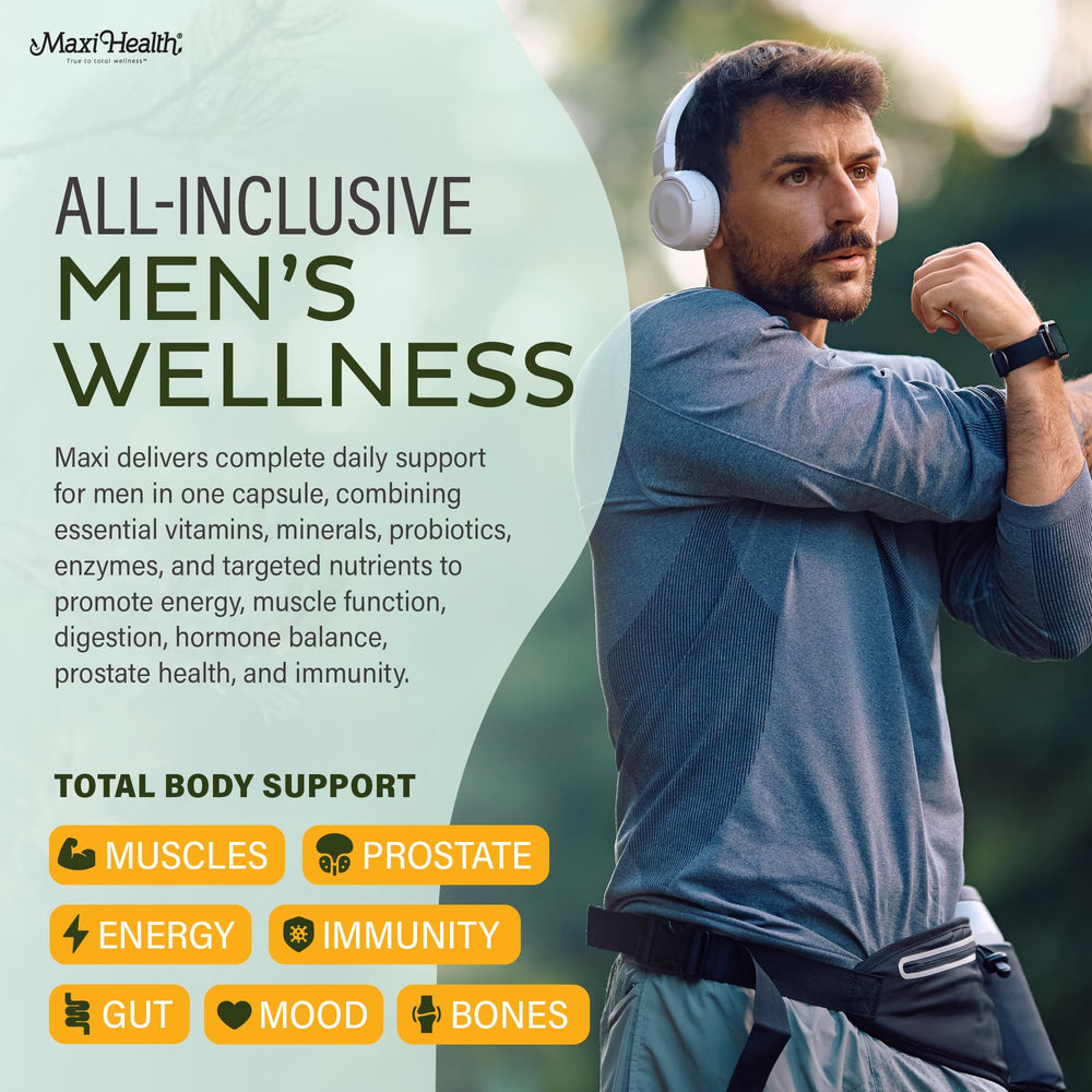 Maxi Health Men's Multivitamin capsules closeup highlights methylated B vitamins.