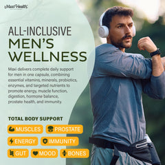 Maxi Health Men's Multivitamin capsules closeup highlights methylated B vitamins.