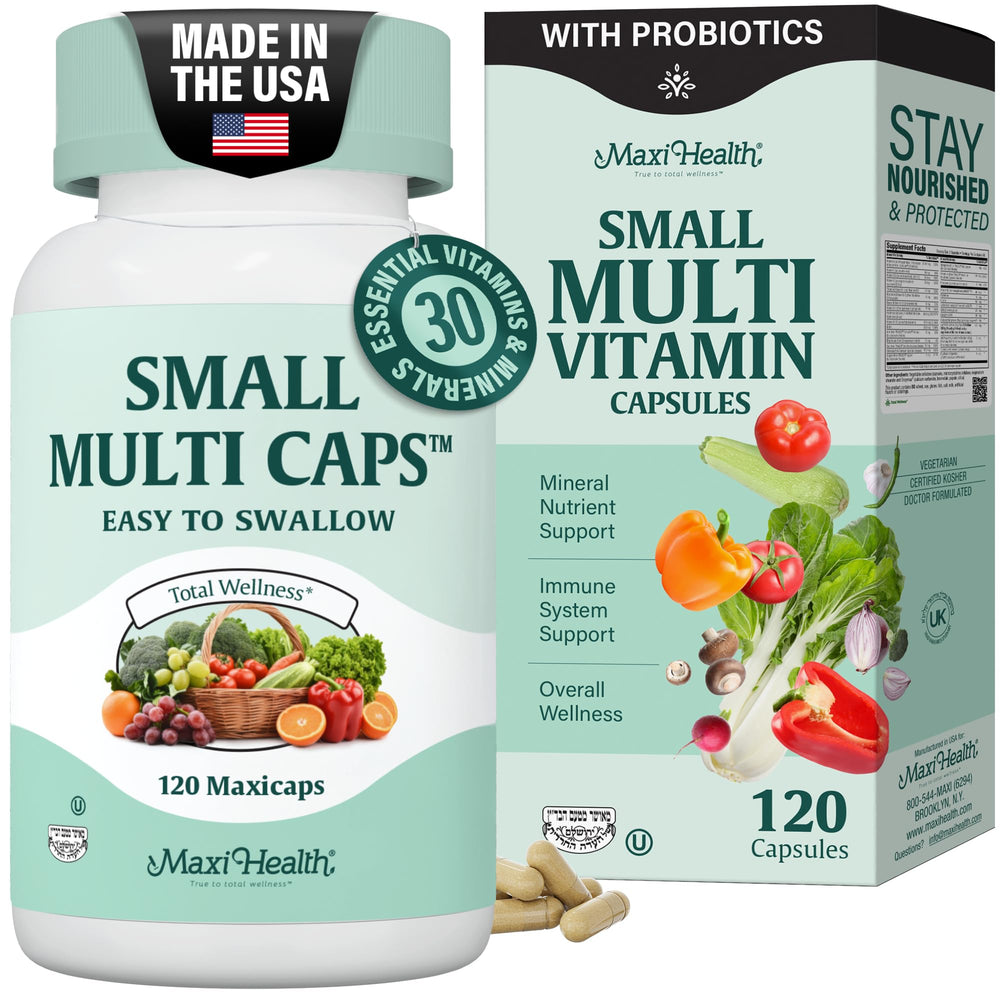 Maxi Health multivitamin mini capsules close-up in bottle for easy daily nutrition