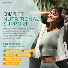 Probiotic blend on label highlights digestive support from Maxi Health multivitamin