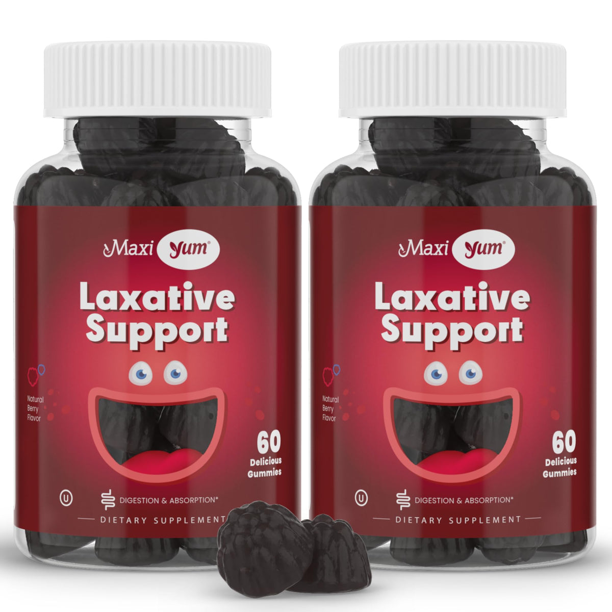 Maxi Health Natural Laxative Gummies bottle on countertop suggesting gentle overnight support