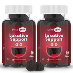 Maxi Health Natural Laxative Gummies bottle on countertop suggesting gentle overnight support