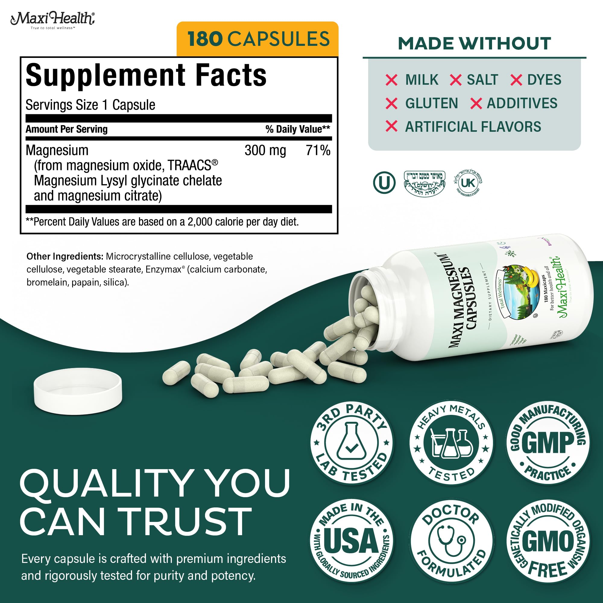 Maxi Health Non-GMO label reflects clean ingredients for mindful supplementation.