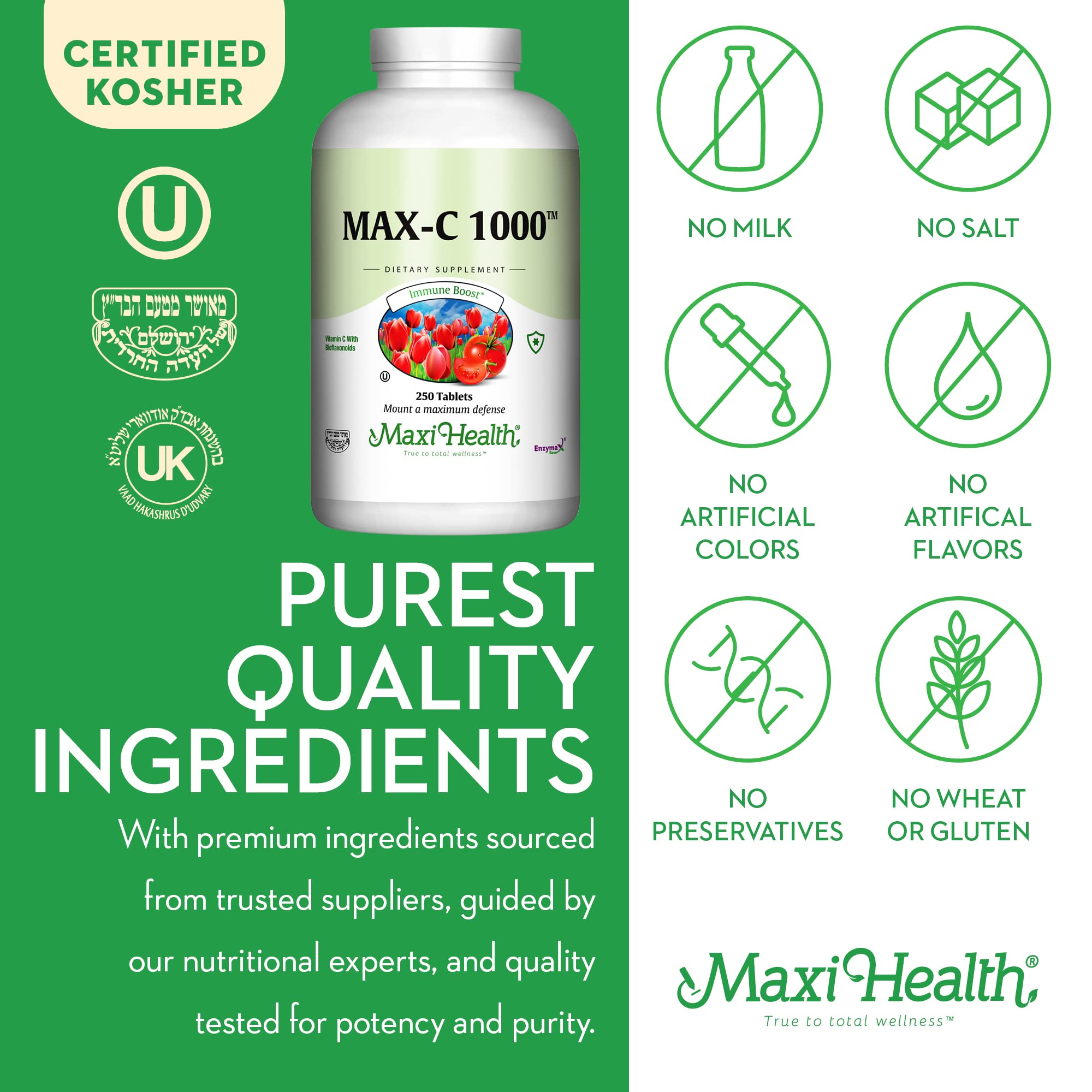 Maxi Health non-GMO seal on bottle indicating ingredient integrity