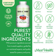 Maxi Health non-GMO seal on bottle indicating ingredient integrity