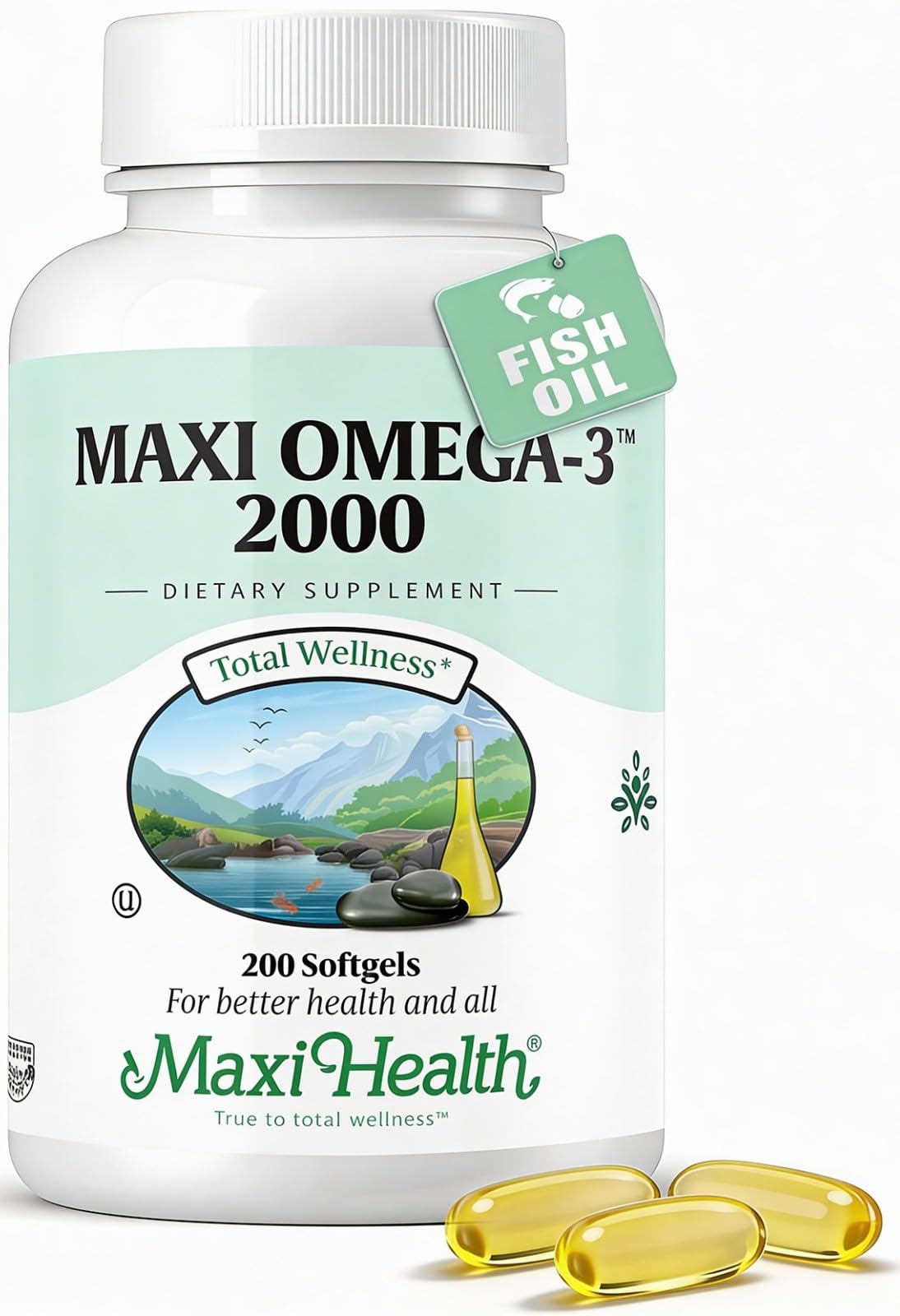 Maxi Health Omega 3 2000mg bottle label highlights high EPA and DHA.