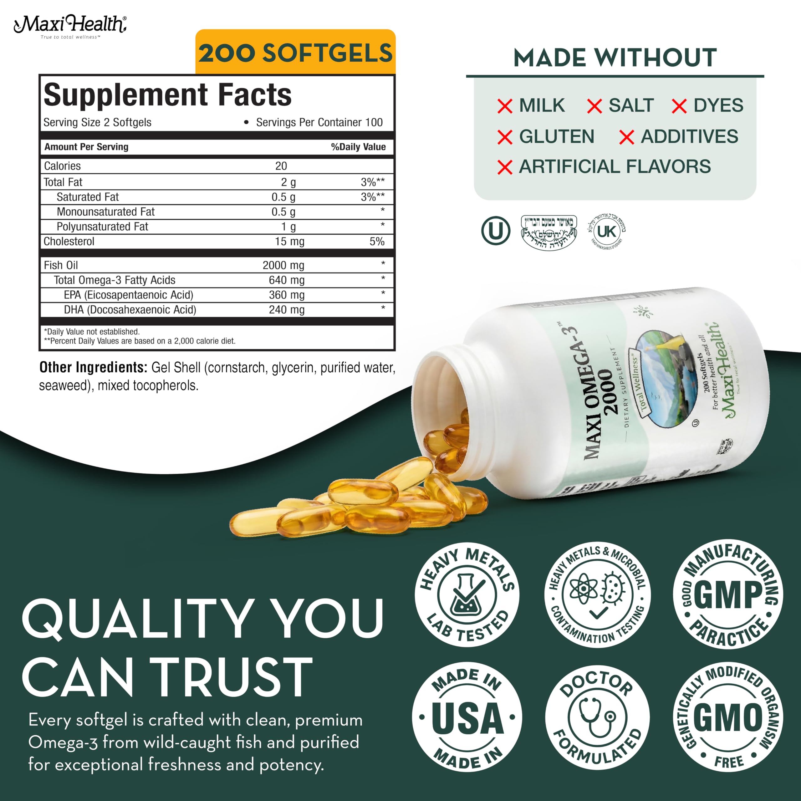 Maxi Health Omega 3 bottle back shows 360mg EPA and 240mg DHA.
