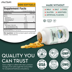 Maxi Health Omega 3 bottle back shows 360mg EPA and 240mg DHA.