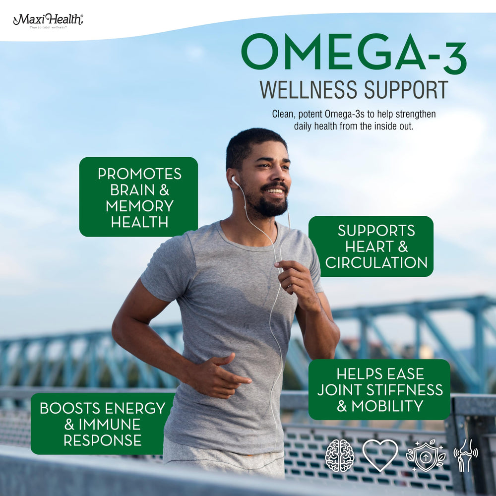 Maxi Health Omega 3 GMP facility label on box.