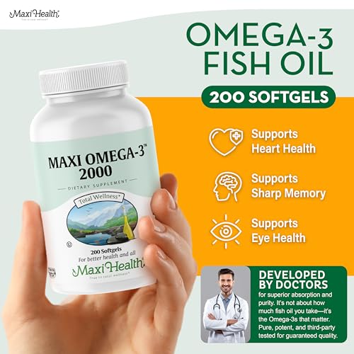 Maxi Health Omega 3 softgels close-up showing burp-free design.