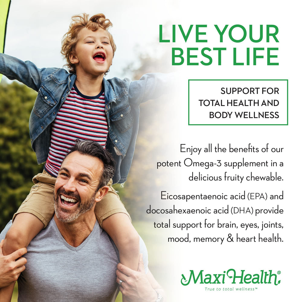 Maxi Health Omega Yums 1000 chewable capsules ease daily dosing for families.