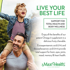 Maxi Health Omega Yums 1000 chewable capsules ease daily dosing for families.