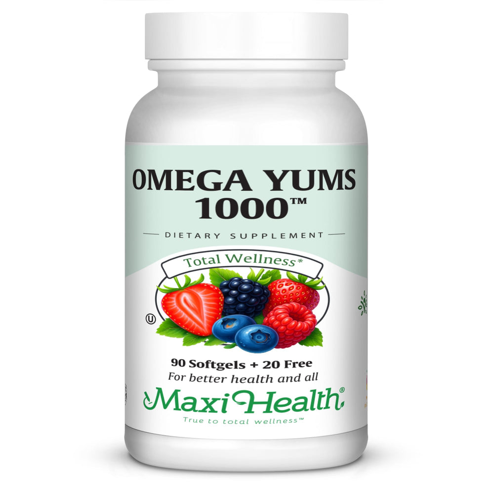 Maxi Health Omega Yums 1000 fruity-burst capsules for kid-friendly omega-3 intake.