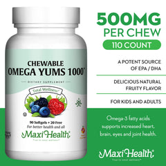 Maxi Health Omega Yums 1000 kid-friendly flavor promotes daily omega-3 intake.