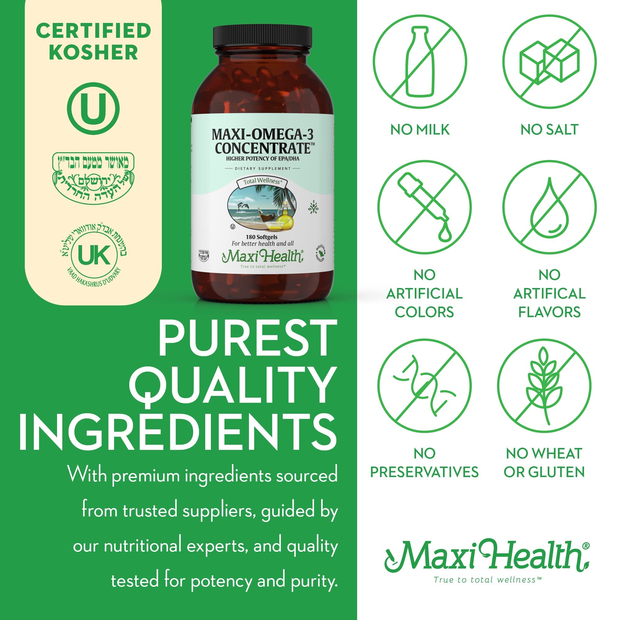 Maxi Health Omega3 packaging showing made in USA GMP facility claim.