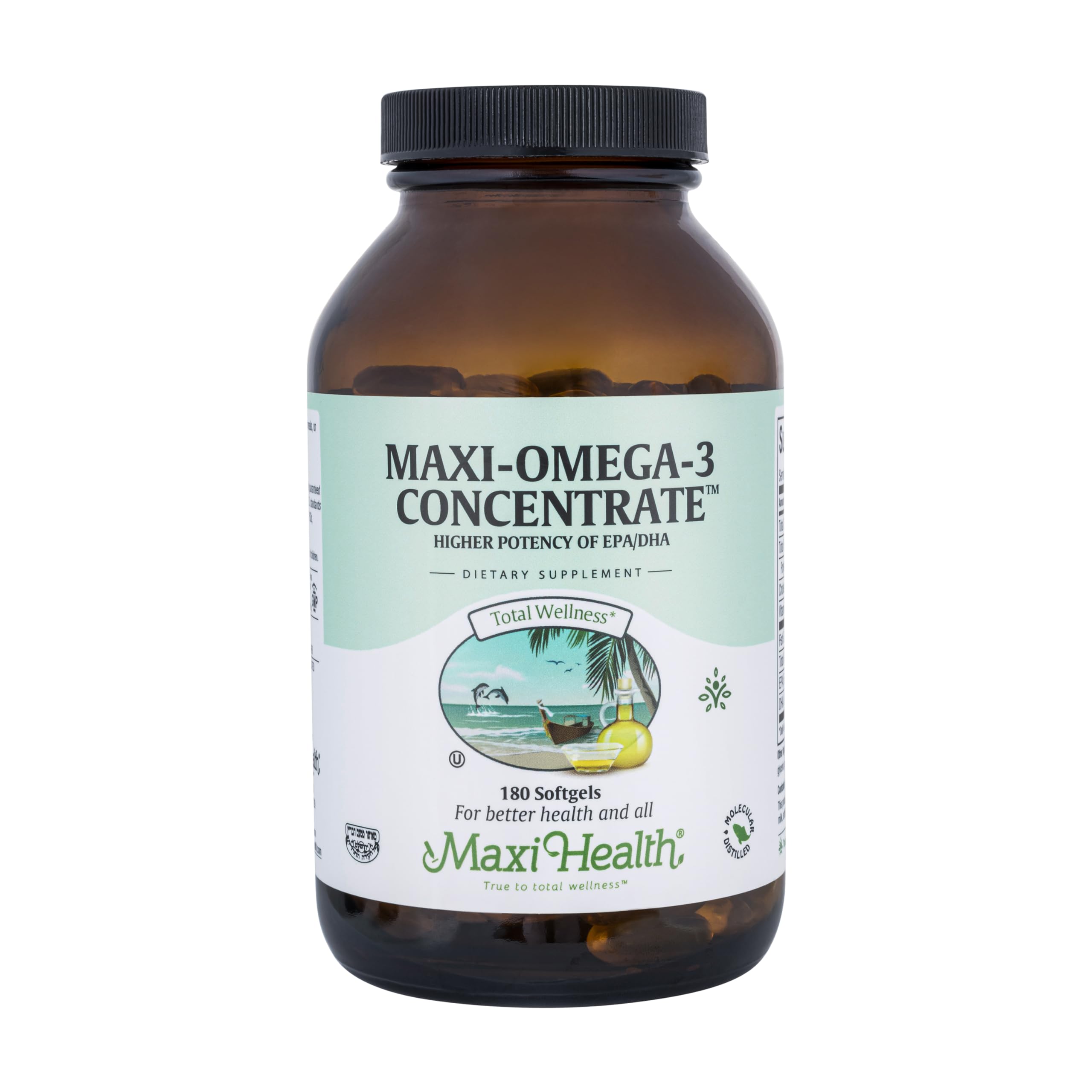 Maxi Health Omega3 softgels bottle front, triple-strength formula for heart, brain, and joints.