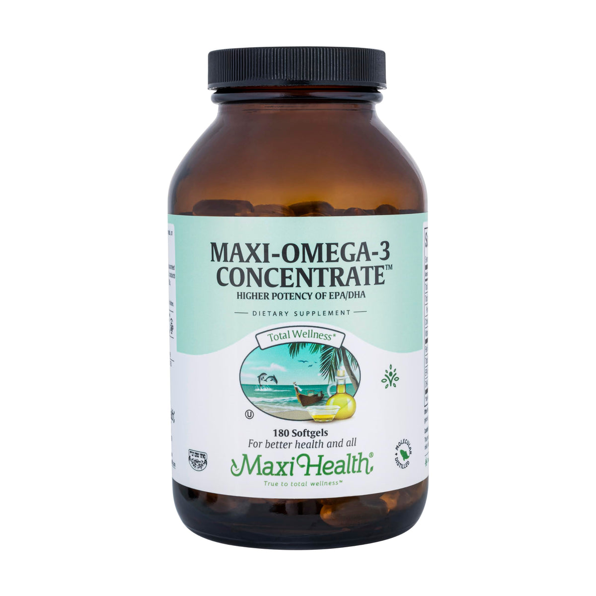 Maxi Health Omega3 softgels bottle front, triple-strength formula for heart, brain, and joints.