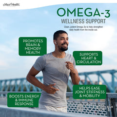 Maxi Health Omega 3 third-party testing seal emphasizes purity and safety.