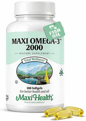Maxi Health Omega 3 triple-strength bottle for daily brain and heart support.