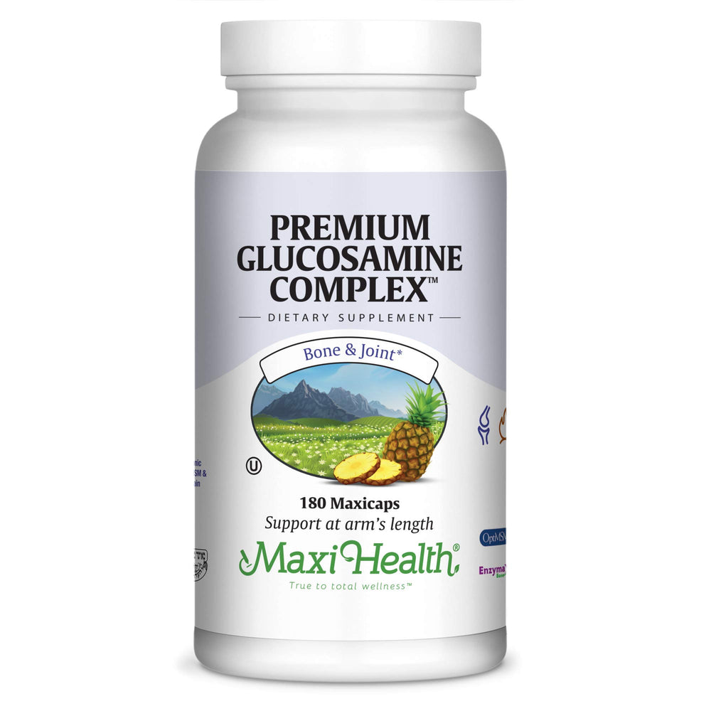 Maxi Health Premium Glucosamine bottle for joint support and daily mobility.