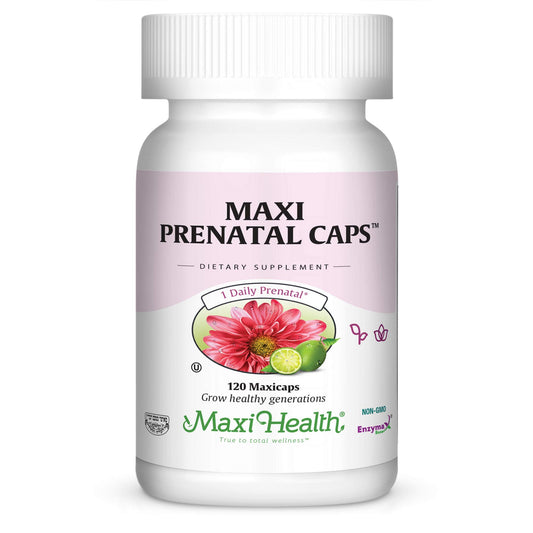Maxi Health Prenatal bottle front showing the complete multivitamin for moms-to-be