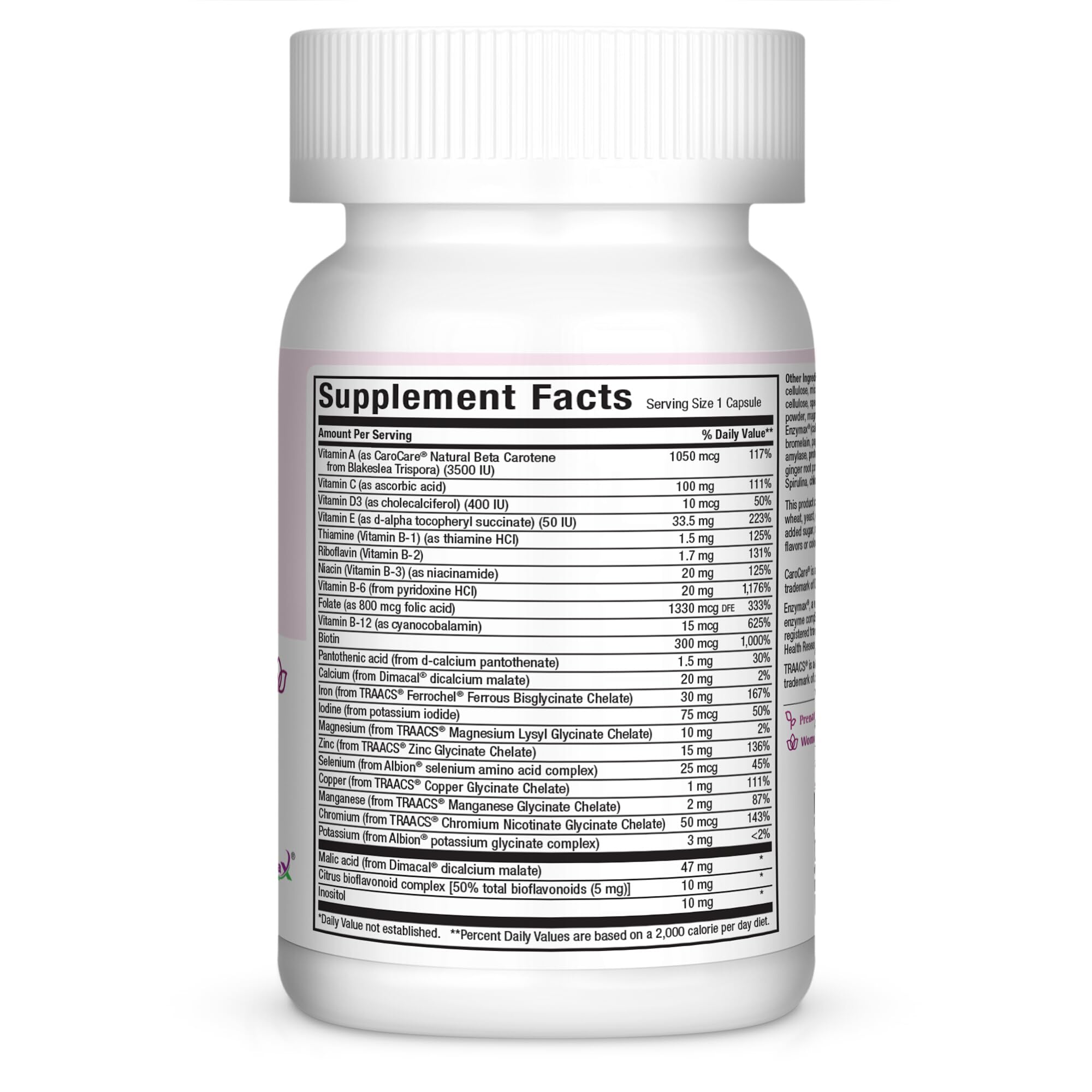 Maxi Health Prenatal bottle label closeup highlighting folate and iron content