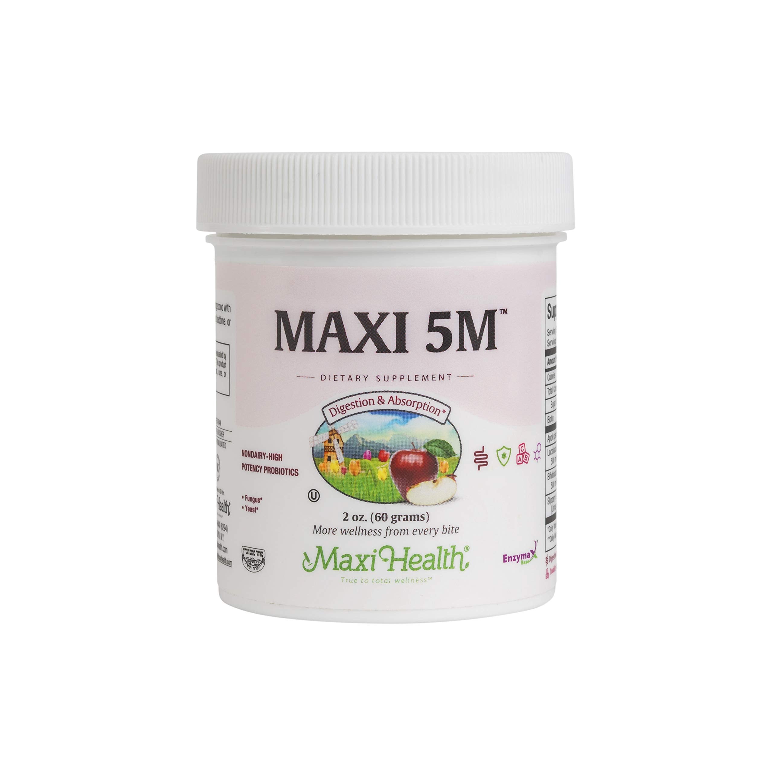Maxi Health probiotic bottle showing acidophilus and bifidobacterium for gut balance.
