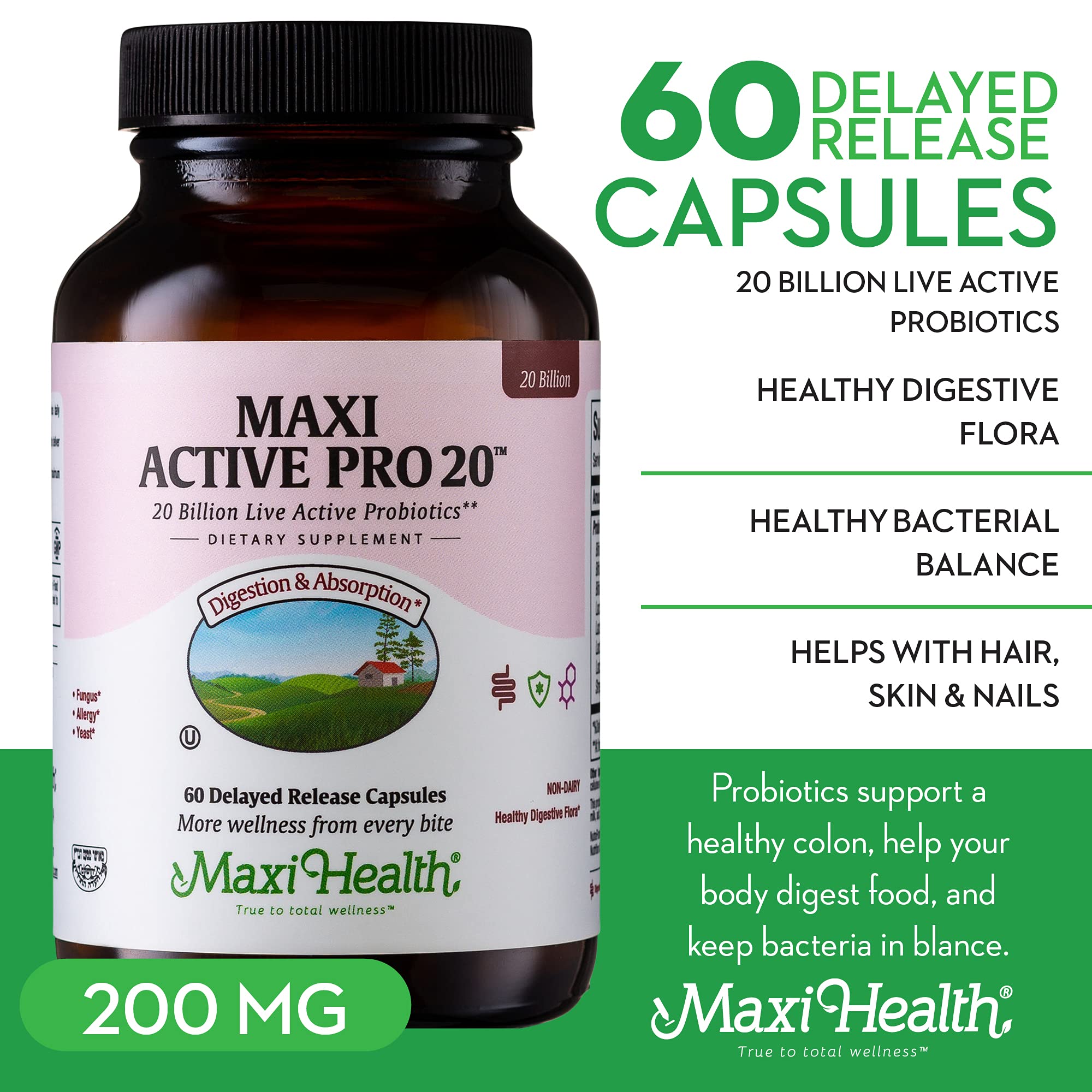 Close-up of Maxi Health Probiotics capsules for digestion support