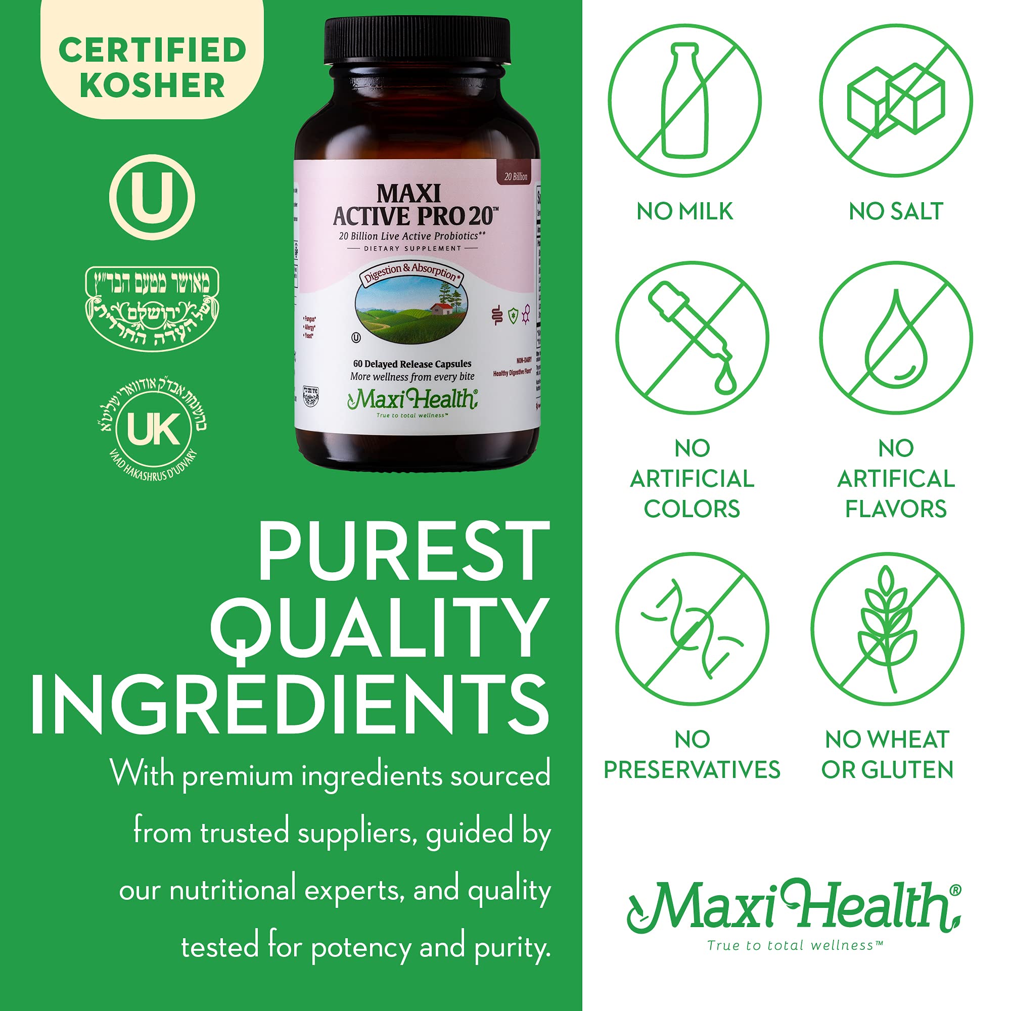 Maxi Health Probiotics label shows OU Kosher certification