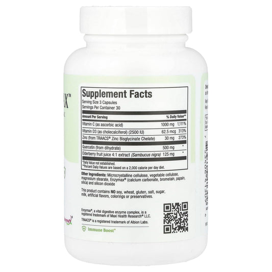 Close-up of Maxi Health Quercetin capsules, easy-to-swallow daily use