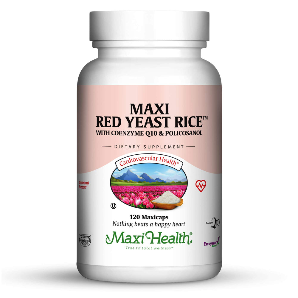 Maxi Health Red Yeast Rice 600mg bottle supports daily heart wellness.