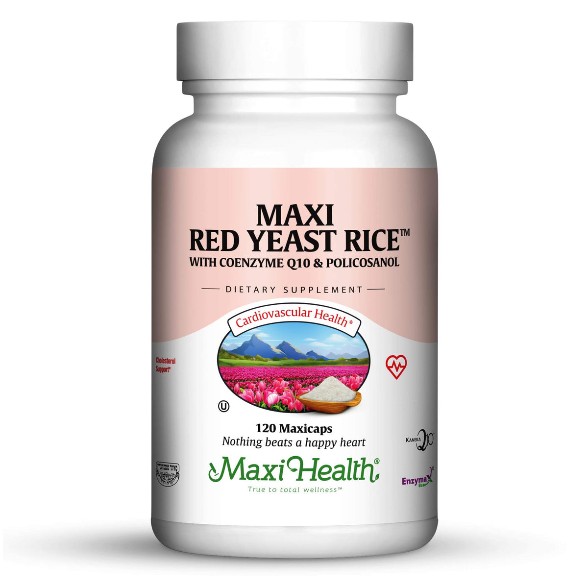 Maxi Health Red Yeast Rice 600mg bottle supports daily heart wellness.