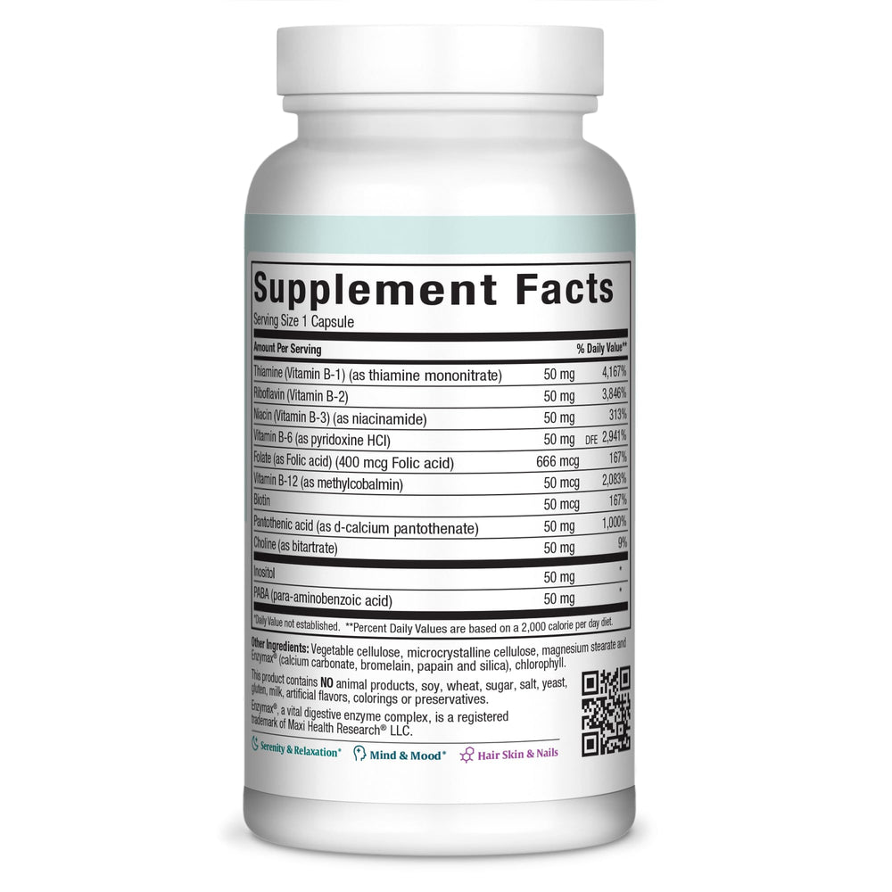 Label close-up of Maxi Health Stress Relief Vitamin B Complex showing B vitamins