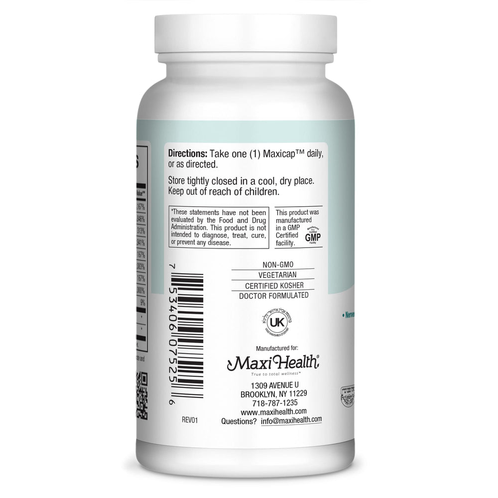 Pill capsule close-up of Maxi Health Stress Relief Vitamin B Complex for daily vitality