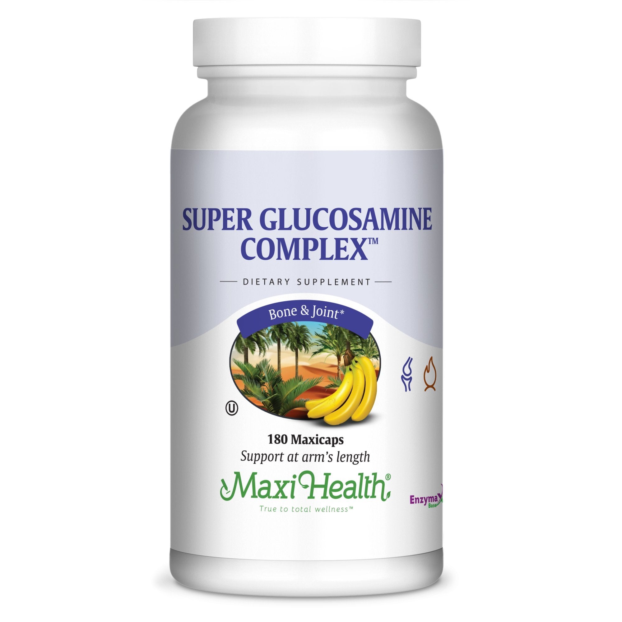 Maxi Health Super Glucosamine bottle top view showing joint support visuals