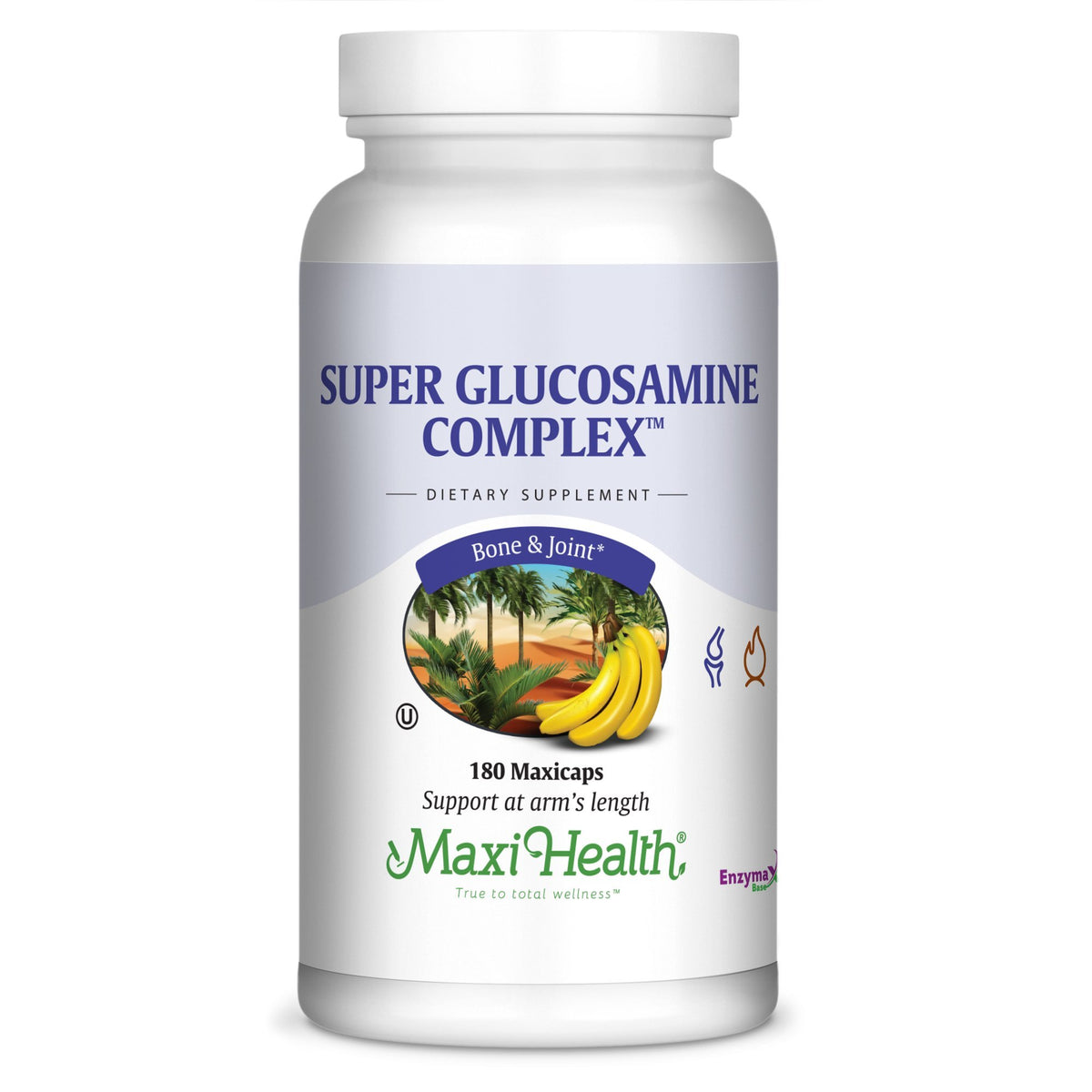 Maxi Health Super Glucosamine bottle top view showing joint support visuals