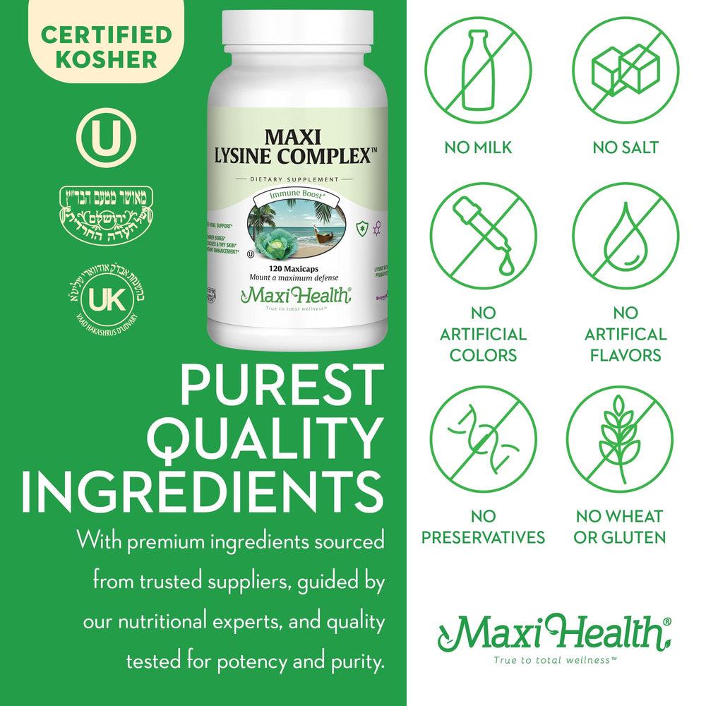Supplement facts area on Maxi Health Lysine Complex box for informed health decisions