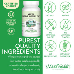 Supplement facts area on Maxi Health Lysine Complex box for informed health decisions