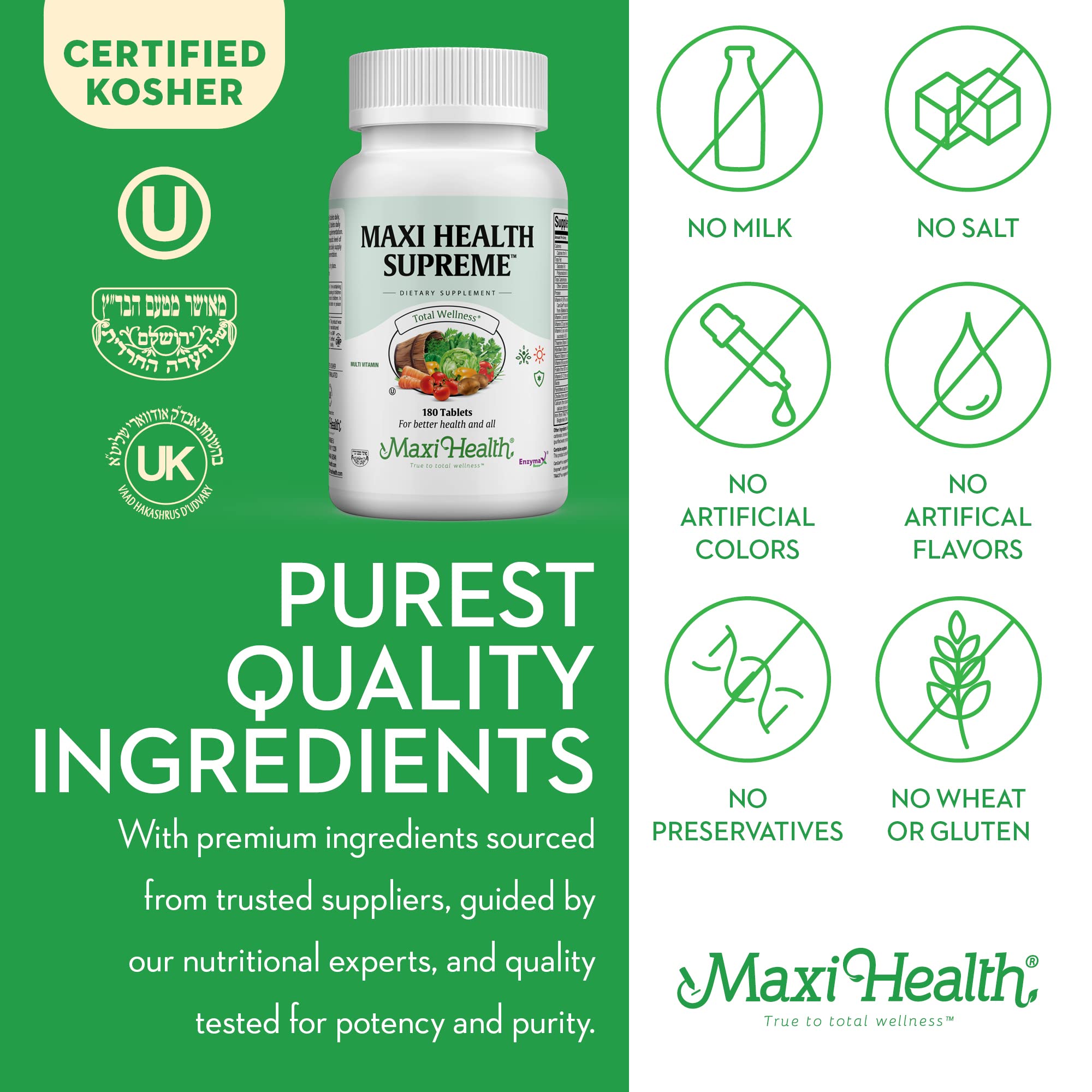 Kosher certification badge beside Maxi Health Supreme bottle