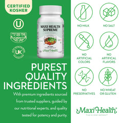 Kosher certification badge beside Maxi Health Supreme bottle
