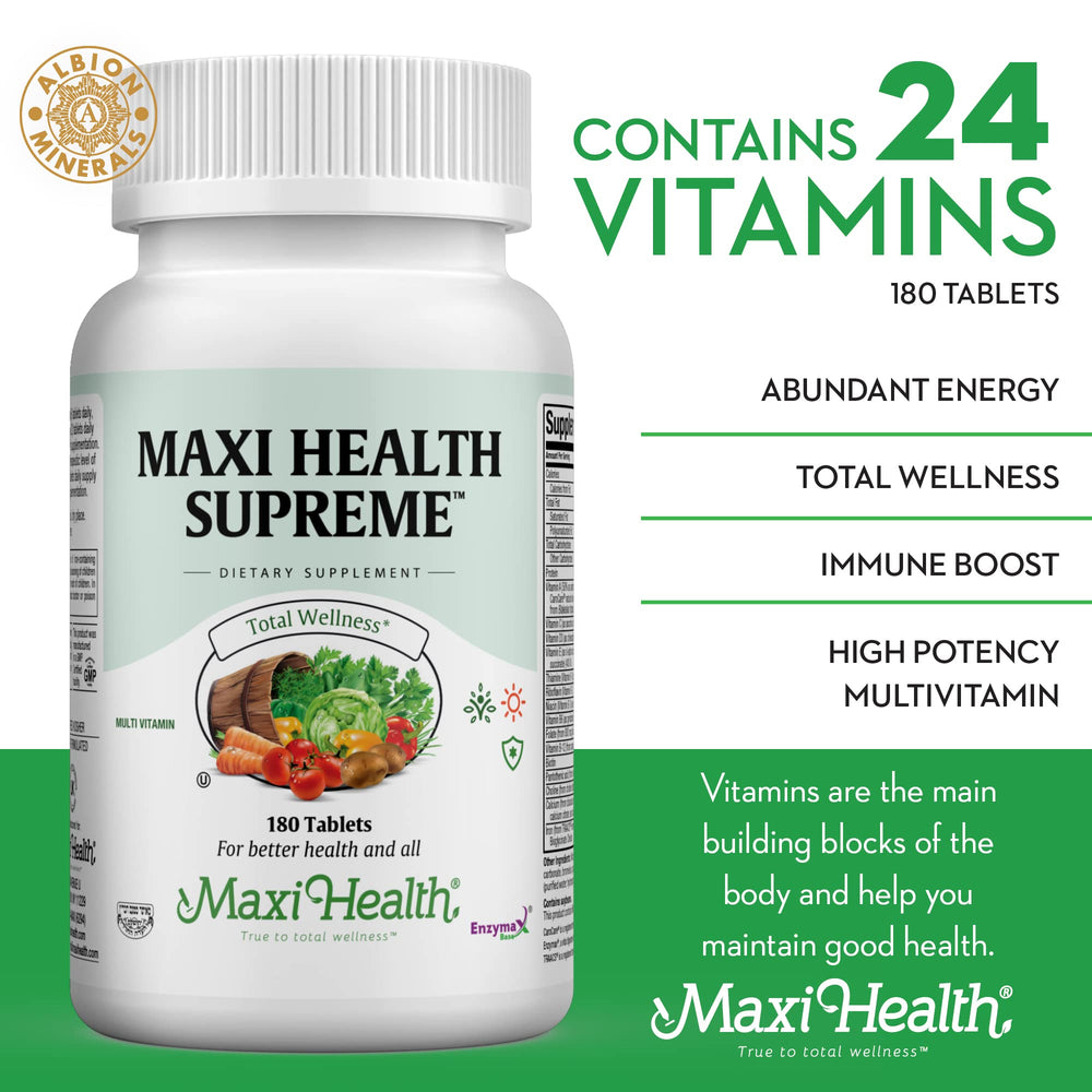 Office desk scene with Maxi Health Supreme bottle illustrating daily nutrition on the go